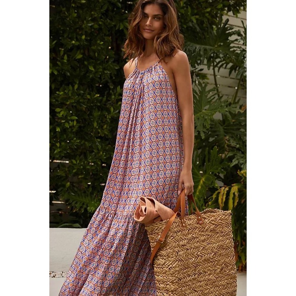 Jets Australia Silk Blend Azura Geo High Neck Tiered Midi Dress Orange Blue S